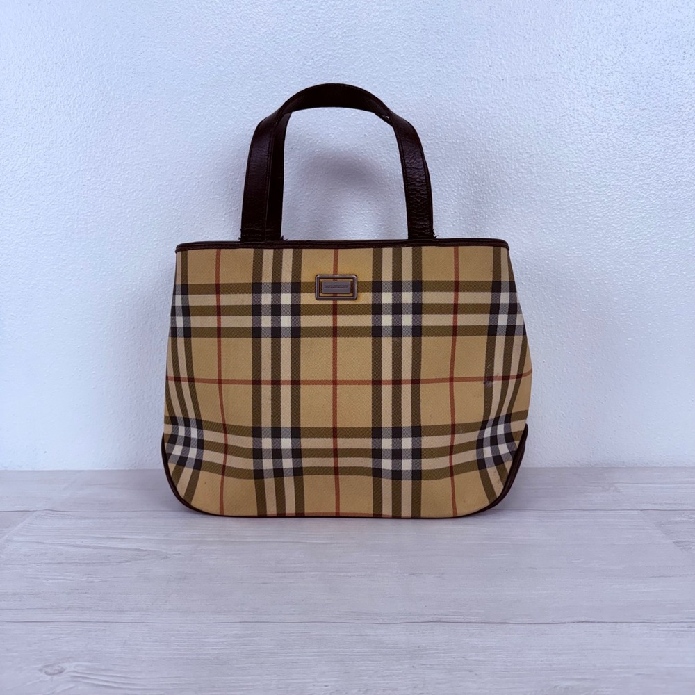 Burberry Tote Bag Tan Nova Check Top Handle Classic Heritage Preppy Luxury M